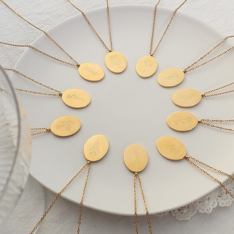 Birth Flower Necklace - Ins Yeni Paslanmaz Çelik Çift Taraflı